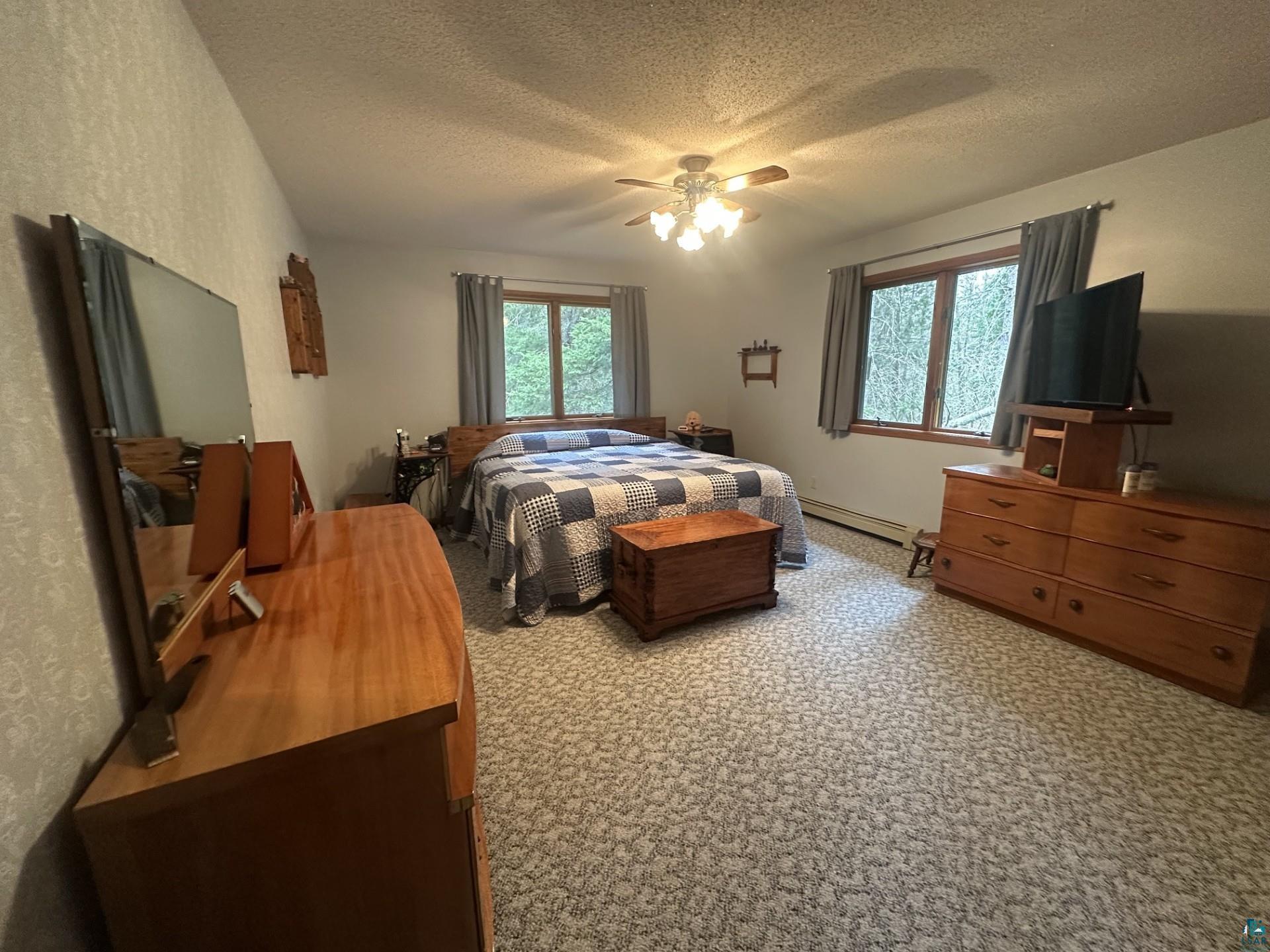 81 Hautaluoma Road Esko, MN 55733 - Photo 18 of 43 Carpeted room featuring dual windows with natural wood trim, a ceiling fan with integrated lighting, and baseboard heating