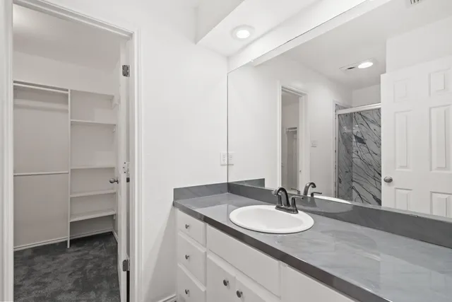a bathroom with a sink double vanity and a mirror