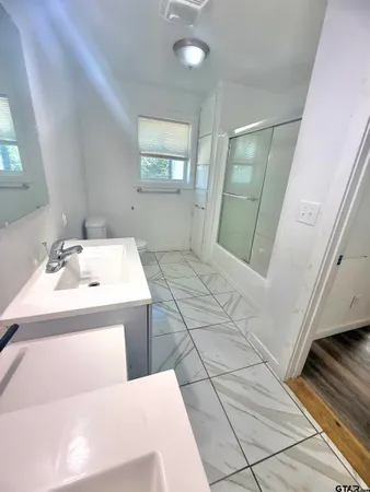 a bathroom with a sink toilet and mirror