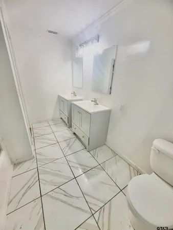 a bathroom with a sink mirror vanity and toilet
