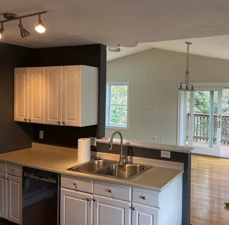 a kitchen with a sink a counter top space and cabinets