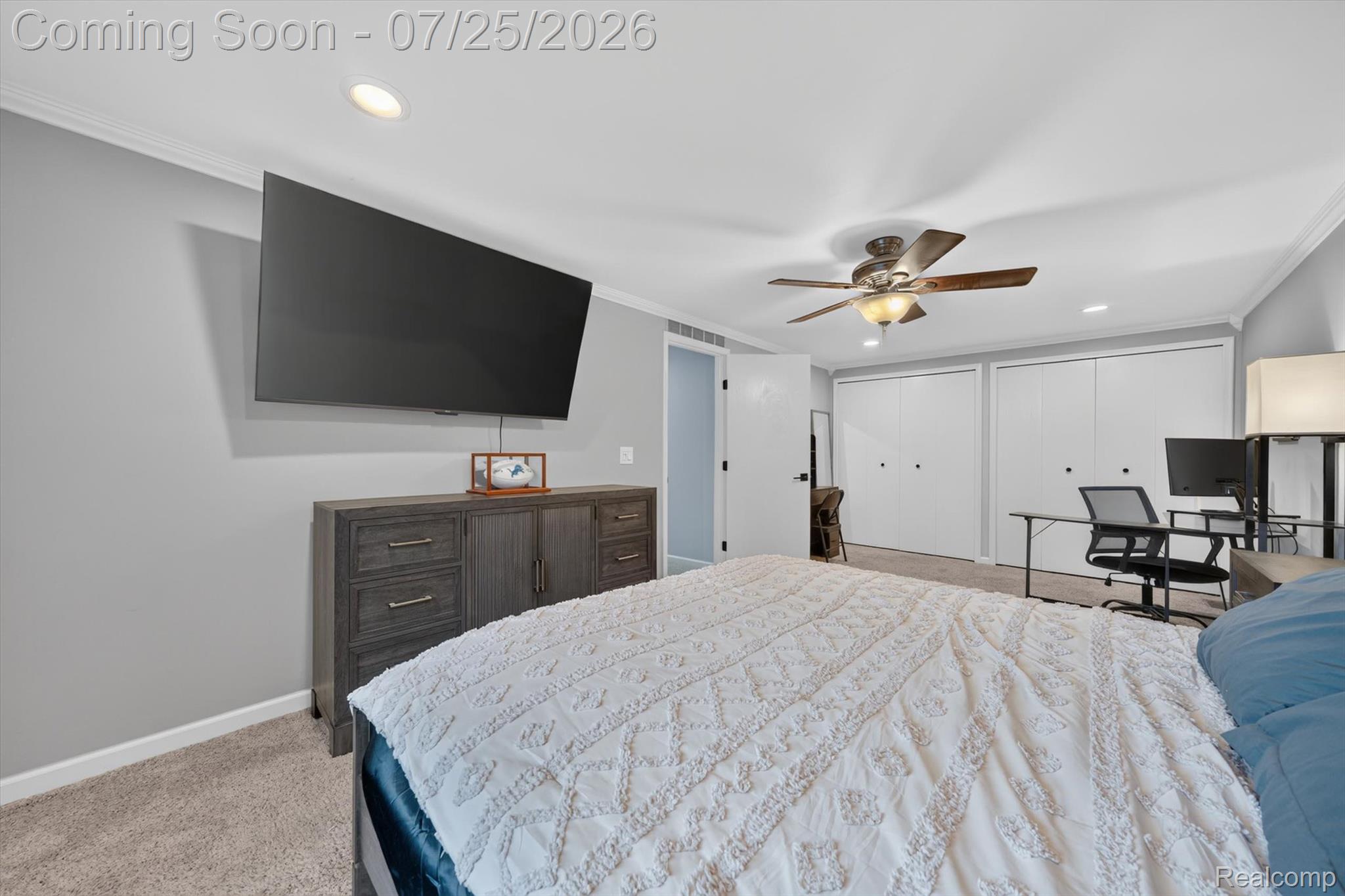 51116 South Foster Road New Baltimore, MI 48047 - Photo 23 of 31 Carpeted room featuring a ceiling fan with integrated lighting, recessed lighting, and crown molding