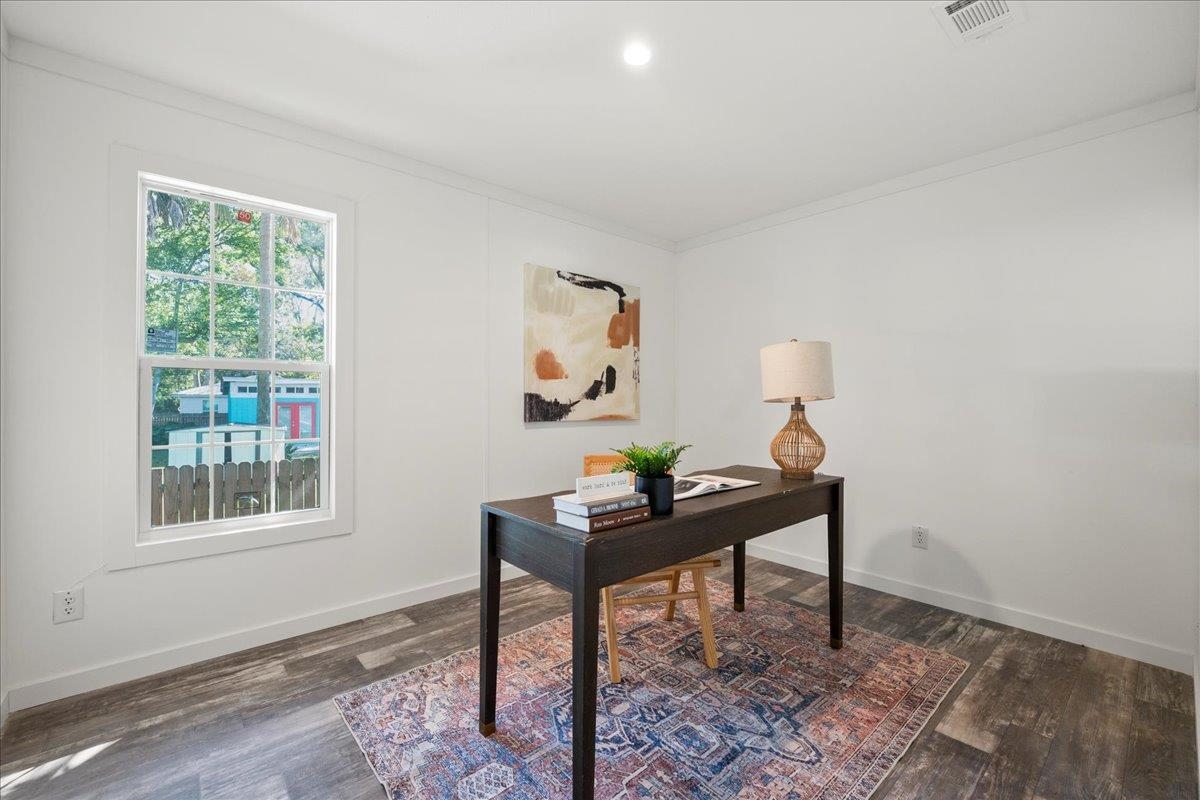 3500 Atcheson Street St. Augustine, FL 32084 - Photo 16 of 29 Office space featuring crown molding, dark wood-style flooring, and recessed lighting