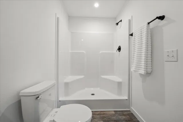 a bathroom with a shower and a toilet