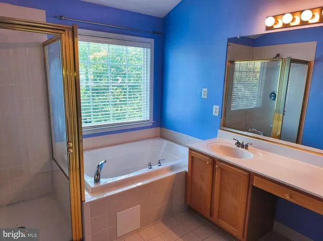 a bathroom with a tub sink and mirror