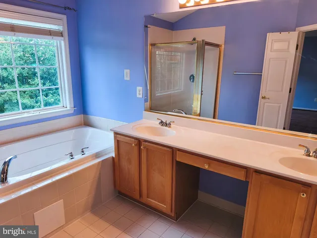 a bathroom with a tub a sink and a large mirror
