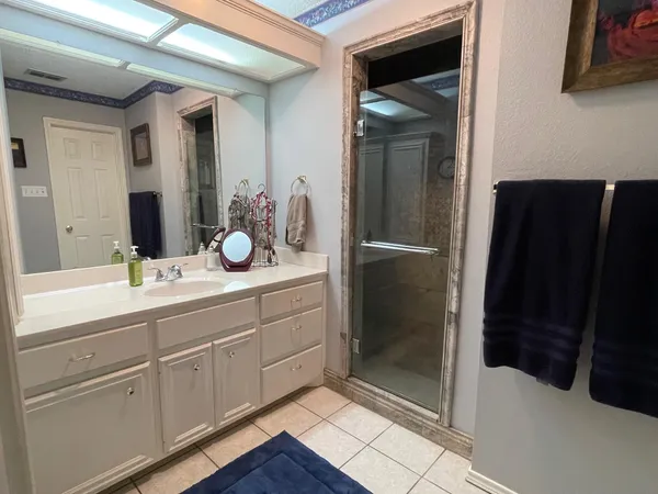 a bathroom with a shower sink and mirror