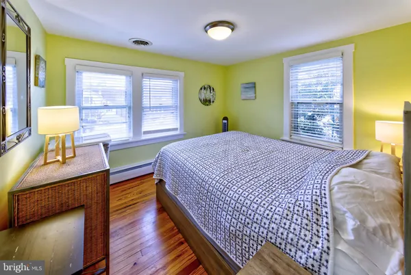 a bedroom with a bed and windows