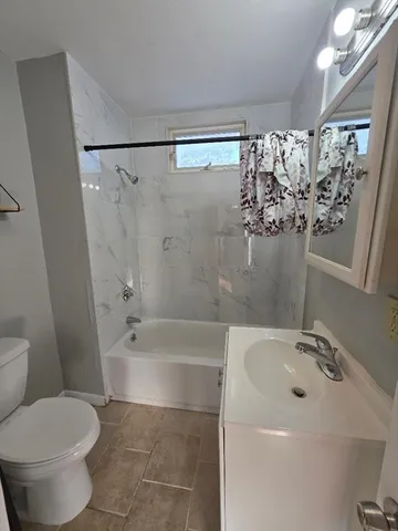 a bathroom with a sink a mirror a toilet and bathtub