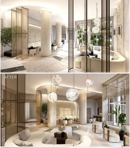 a room with lots of white furniture and a large window