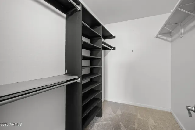 a view of walk in closet with clothes and shoes
