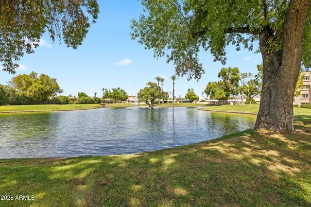 a view of a lake with houses in the back