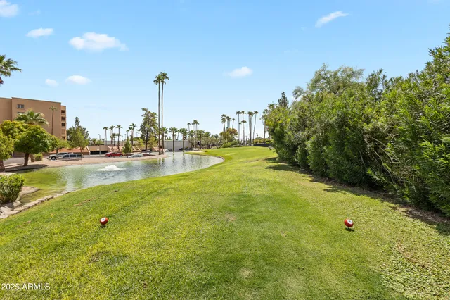 a view of a water fountain and a big yard