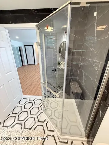 a bathroom with a bathtub