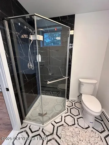 a bathroom with a toilet and a shower