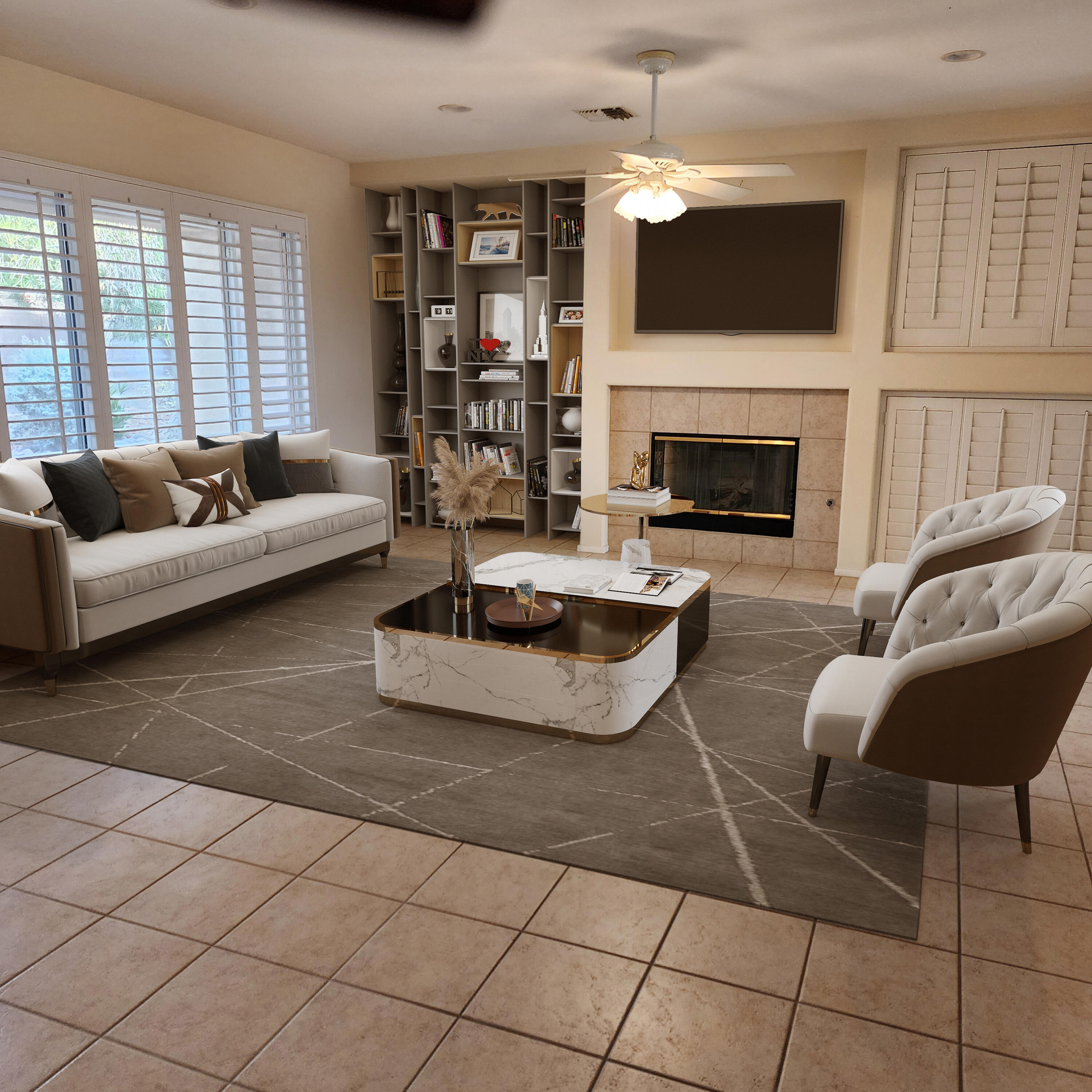 78786 Silver Lake Terrace Palm Desert, CA 92211 - Photo 5 of 20 a living room with furniture a flat screen tv and a fireplace