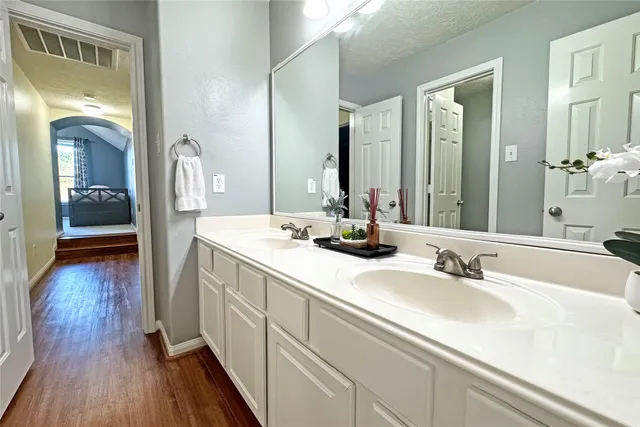 a bathroom with a sink and a mirror