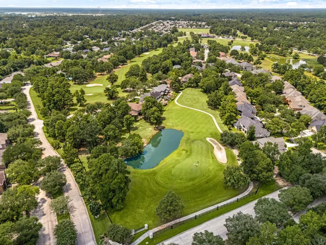 an aerial view of residential houses with outdoor space and trees