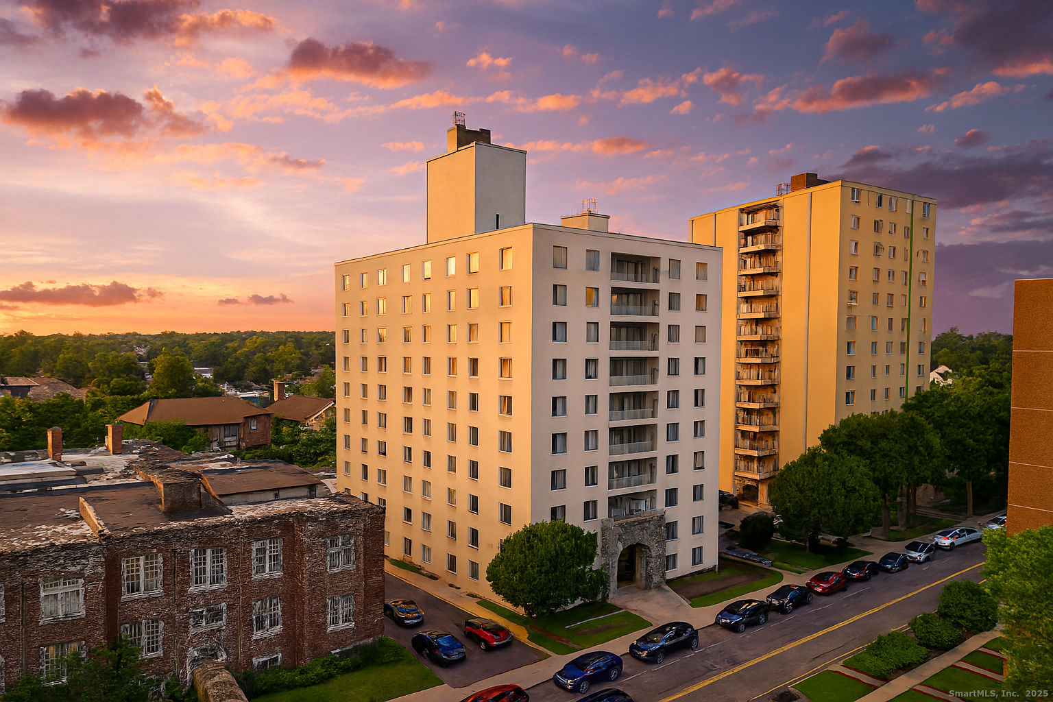 a front view of a building with outdoor space
