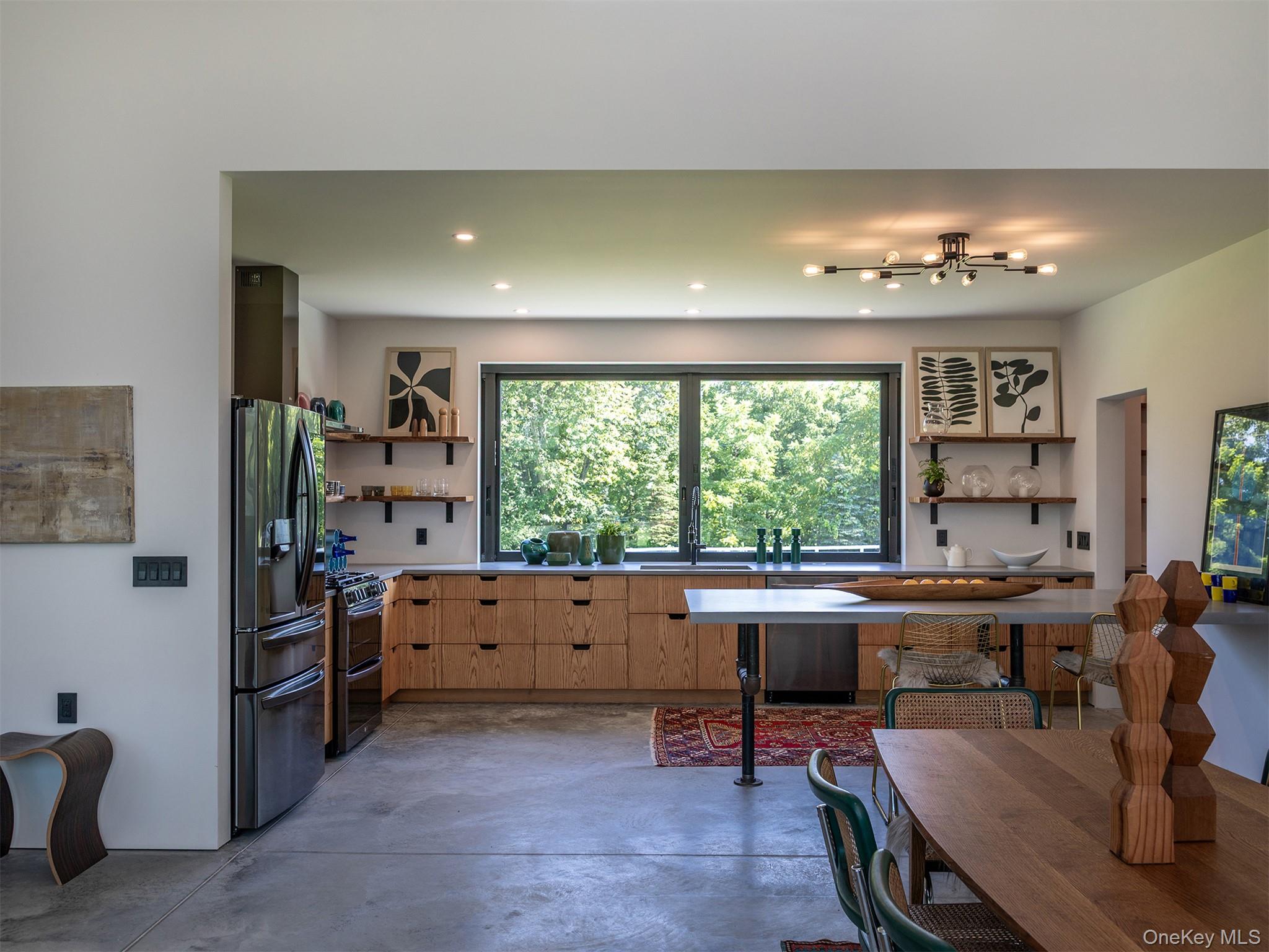 476 Carpenter Hill Road Pine Plains, NY 12567 - Photo 18 of 50 Kitchen with open shelves, concrete floors, stainless steel appliances, plenty of natural light, and recessed lighting