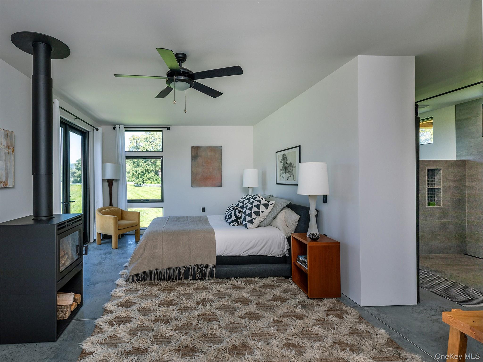476 Carpenter Hill Road Pine Plains, NY 12567 - Photo 24 of 50 Bedroom with a wood stove and a ceiling fan