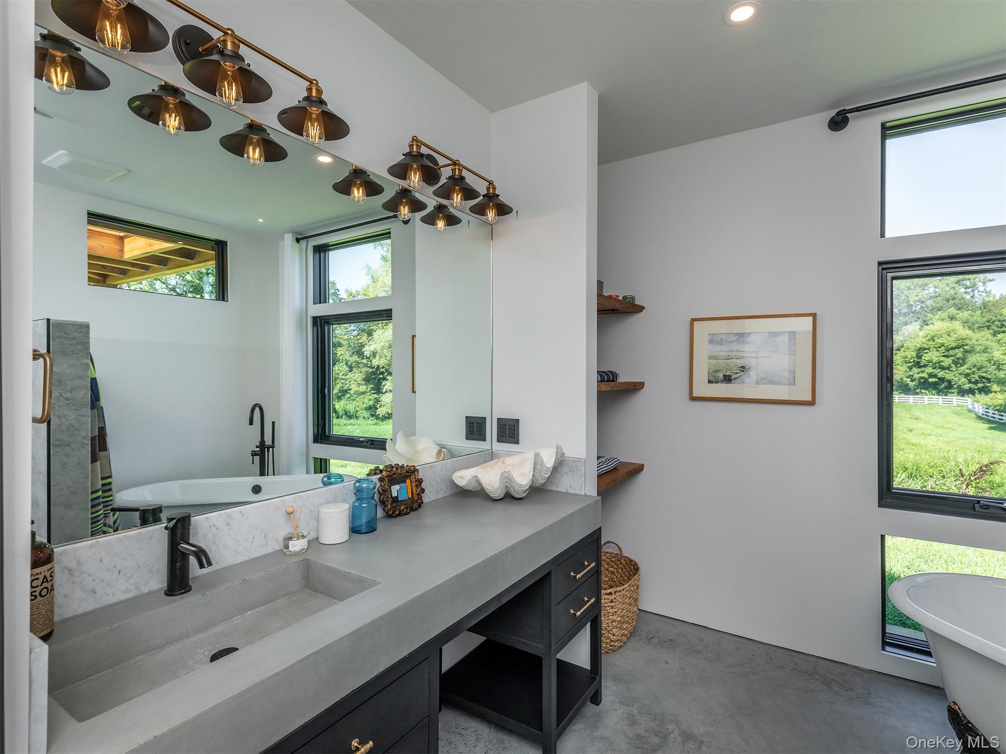 476 Carpenter Hill Road Pine Plains, NY 12567 - Photo 29 of 50 Full bathroom with concrete flooring, a freestanding bath, vanity, and recessed lighting