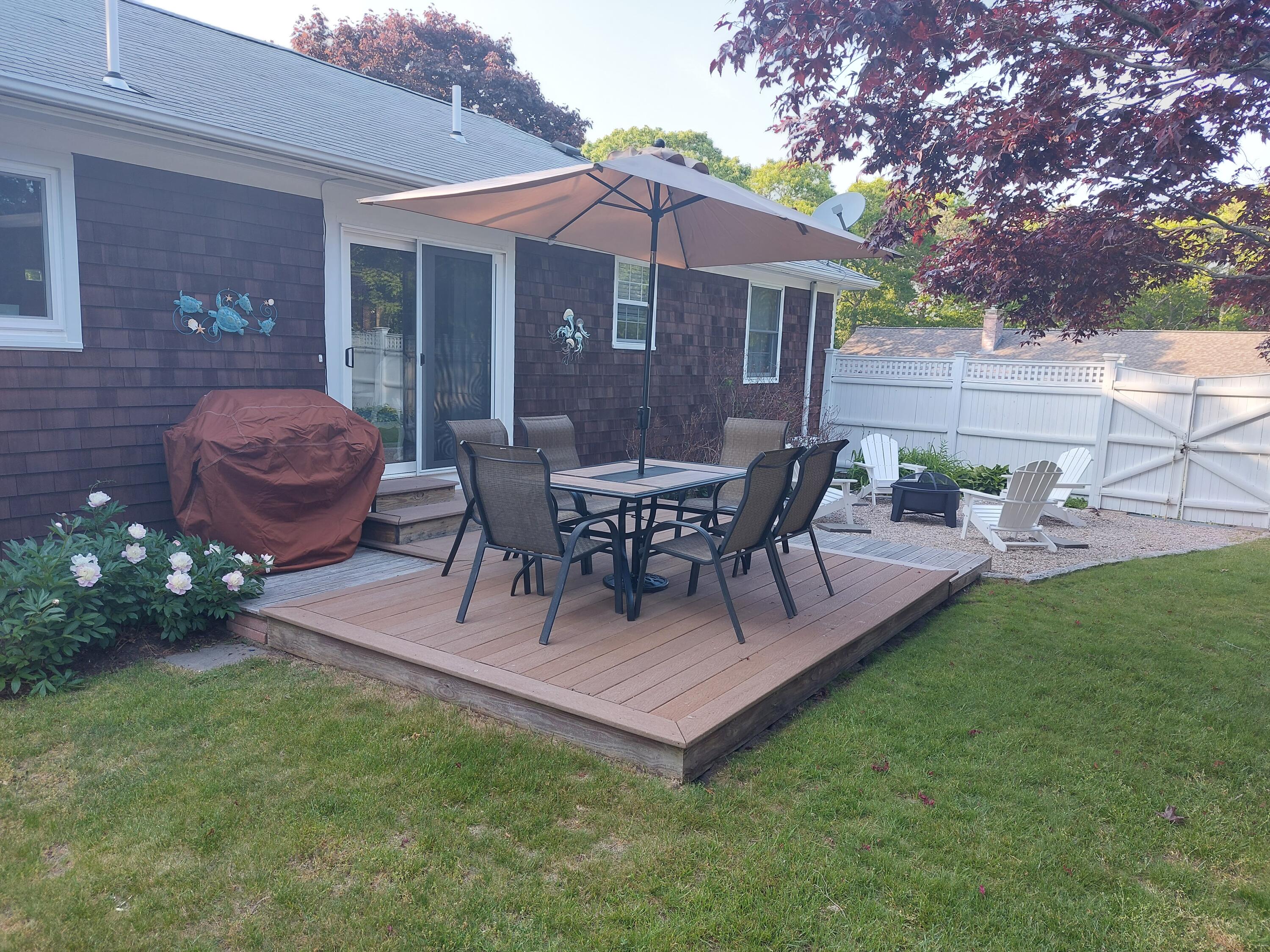 3 McNamara Road West Yarmouth, MA 02673 - Photo 43 of 45 a view of a patio with table and chairs potted plants and a large tree