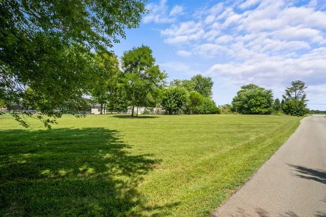 a view of yard with swimming pool and green space
