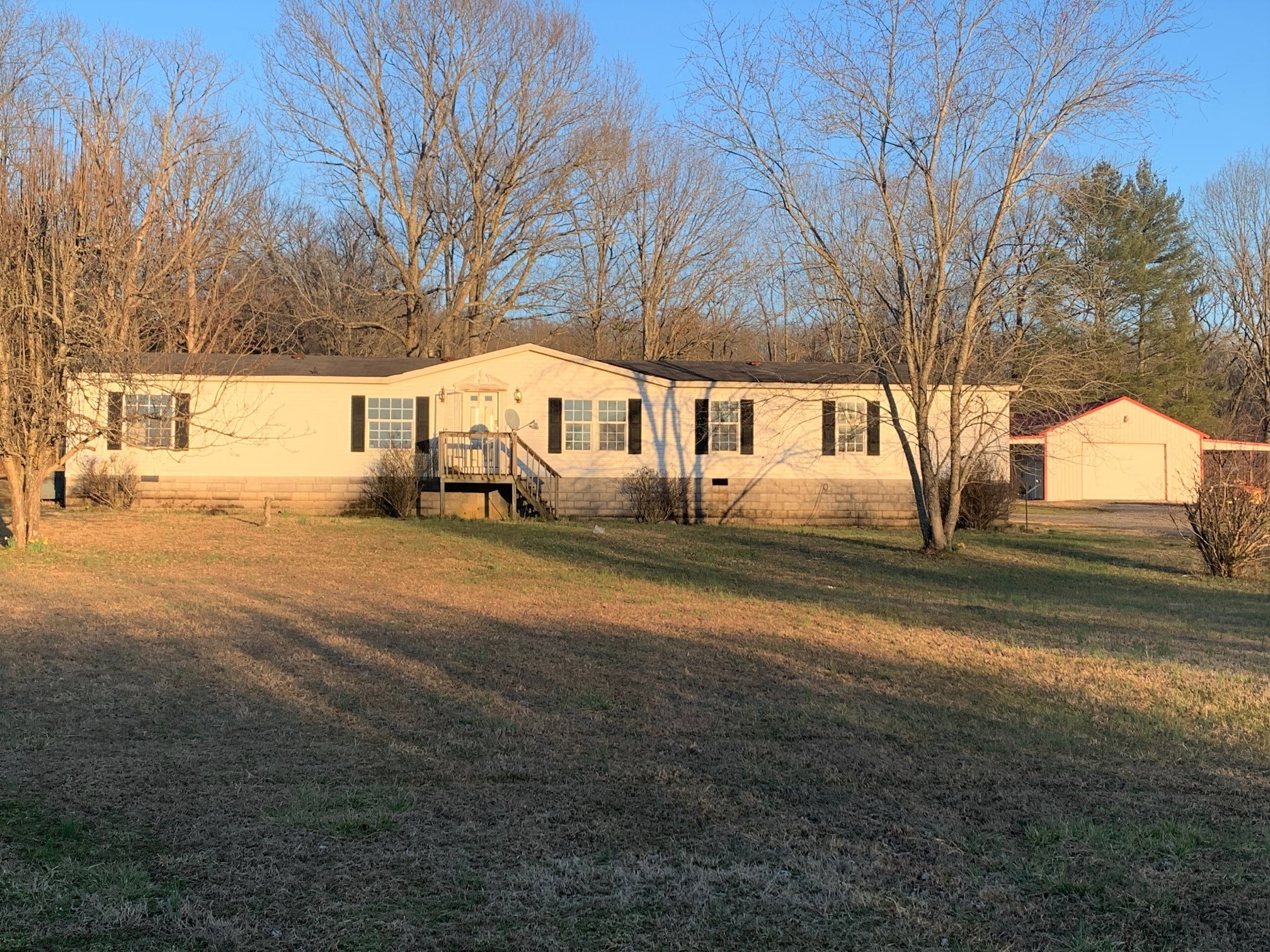 a view of a yard with large trees