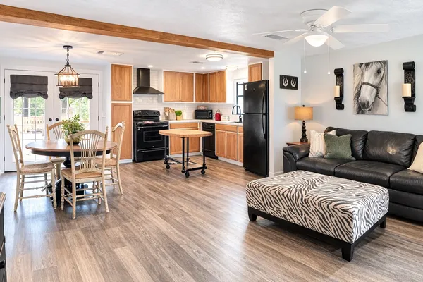 a bedroom with a bed and furniture