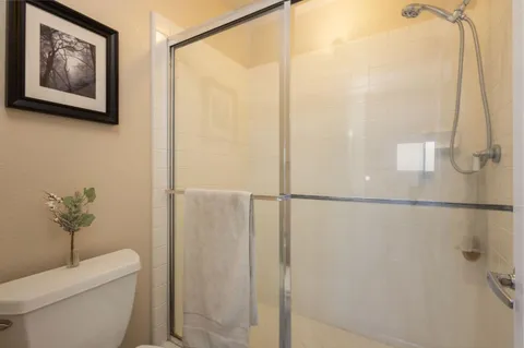 a bathroom with a shower and a toilet