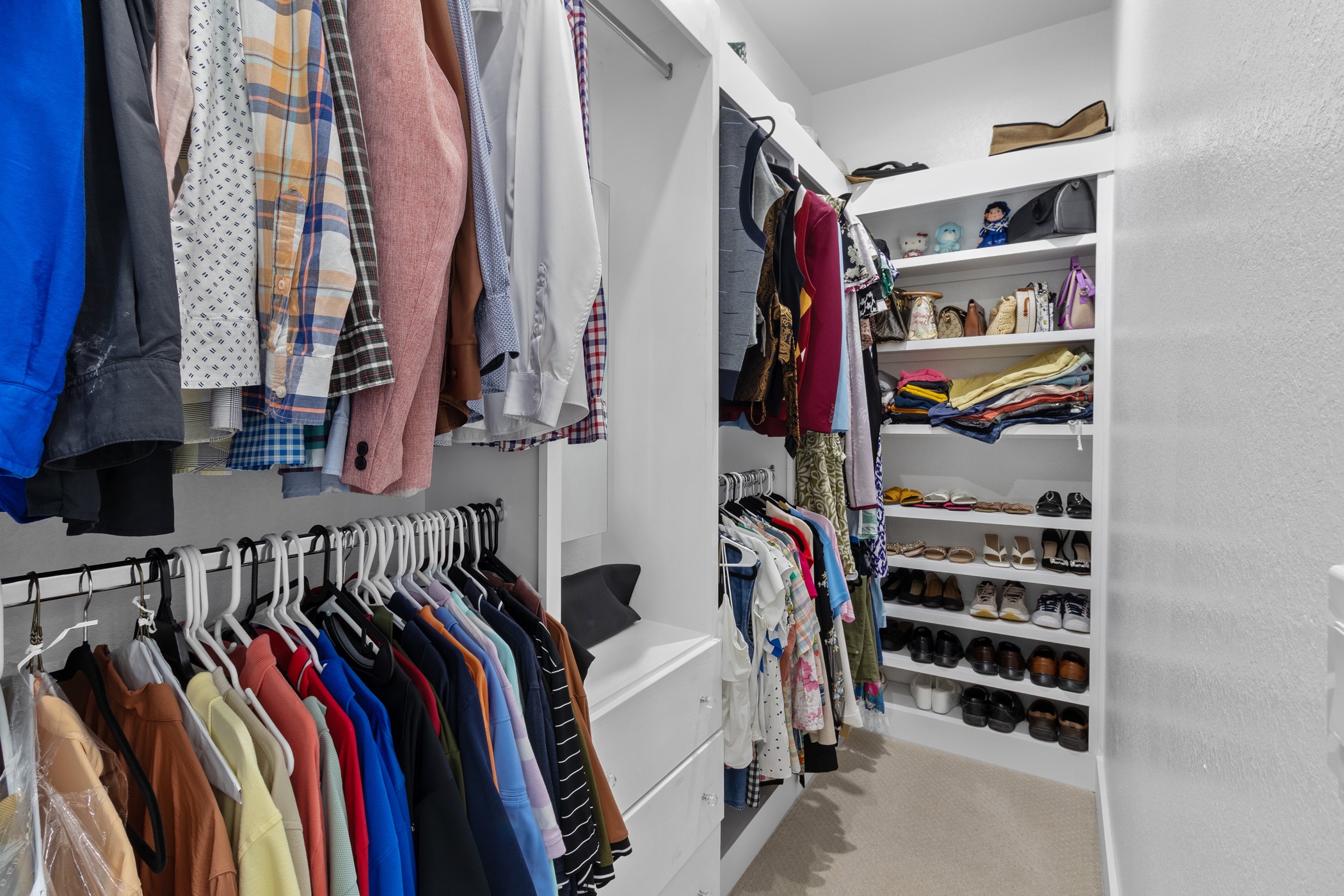123 Zacate Street Elgin, TX 78621 - Photo 14 of 33 Built-in closet system featuring multiple hanging rods, white shelving units, and carpet flooring