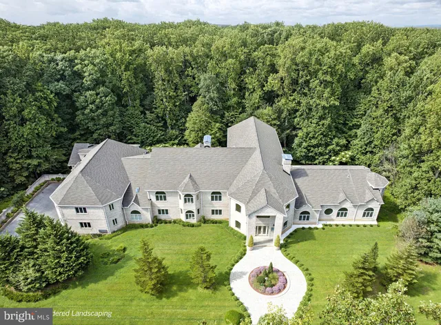 an aerial view of a house with garden