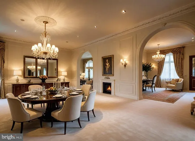 a dining room with furniture and a chandelier