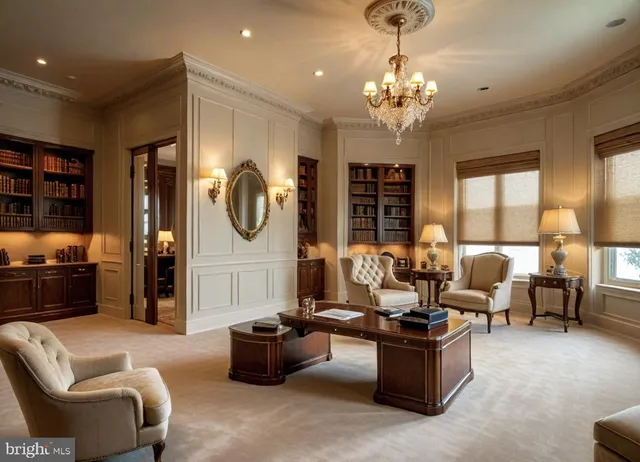 a living room with furniture chandelier and a large window