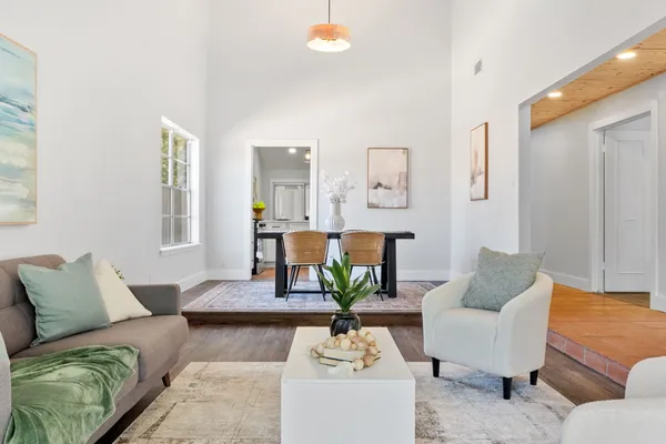 a living room with furniture and a potted plant