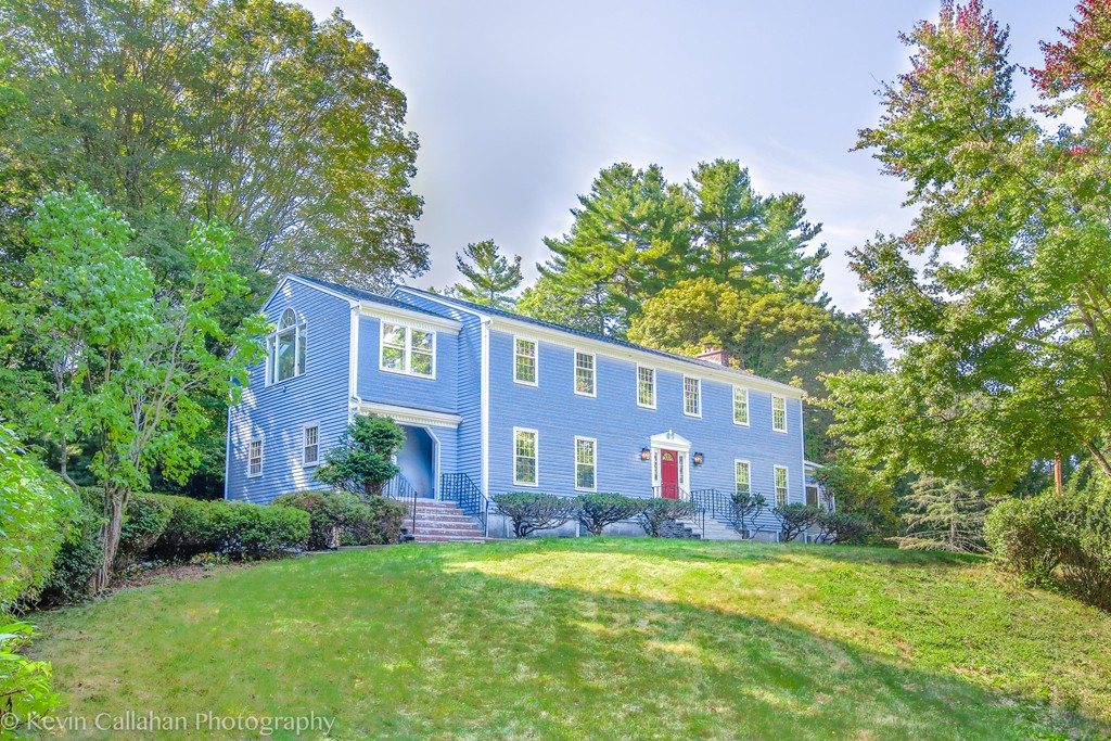 a front view of house with yard and trees all around