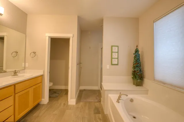 a bathroom with a tub sink and a mirror
