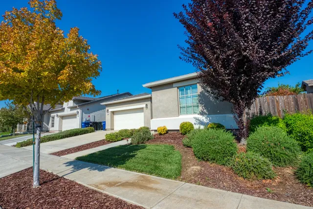 a front view of a house with a yard and trees