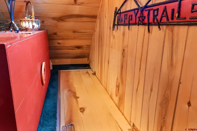 a view of a balcony with door