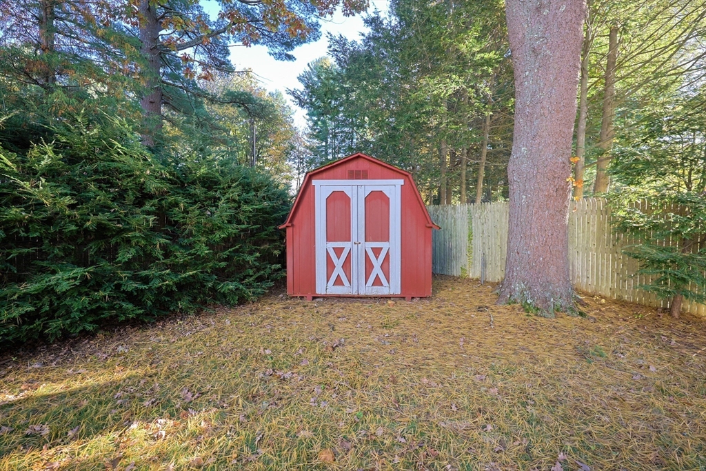 587 Common Street Walpole, MA 02081 - Photo 37 of 38 a view of a back yard with an tree and wooden fence