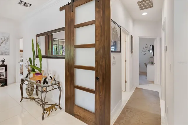 a view of a yard with plants and a bench