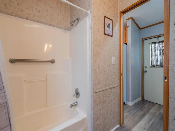 a bathroom with a bathtub
