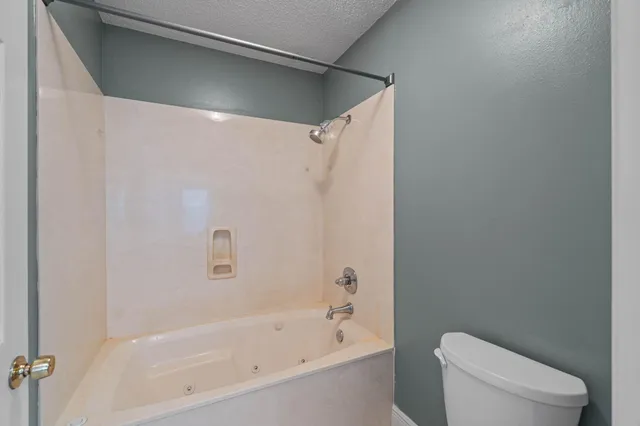 a bathroom with a bathtub and a toilet