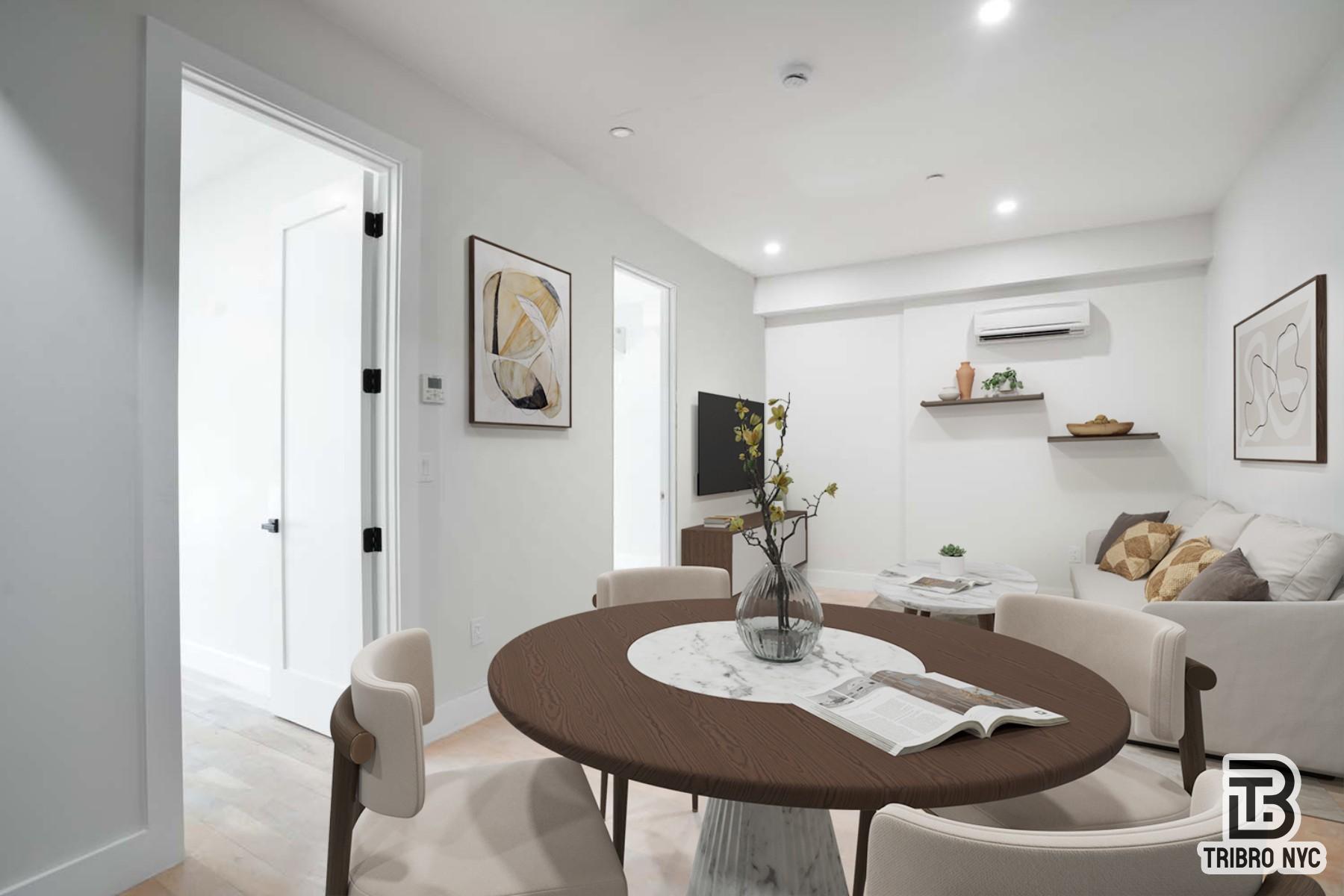 a view of a dining room with furniture