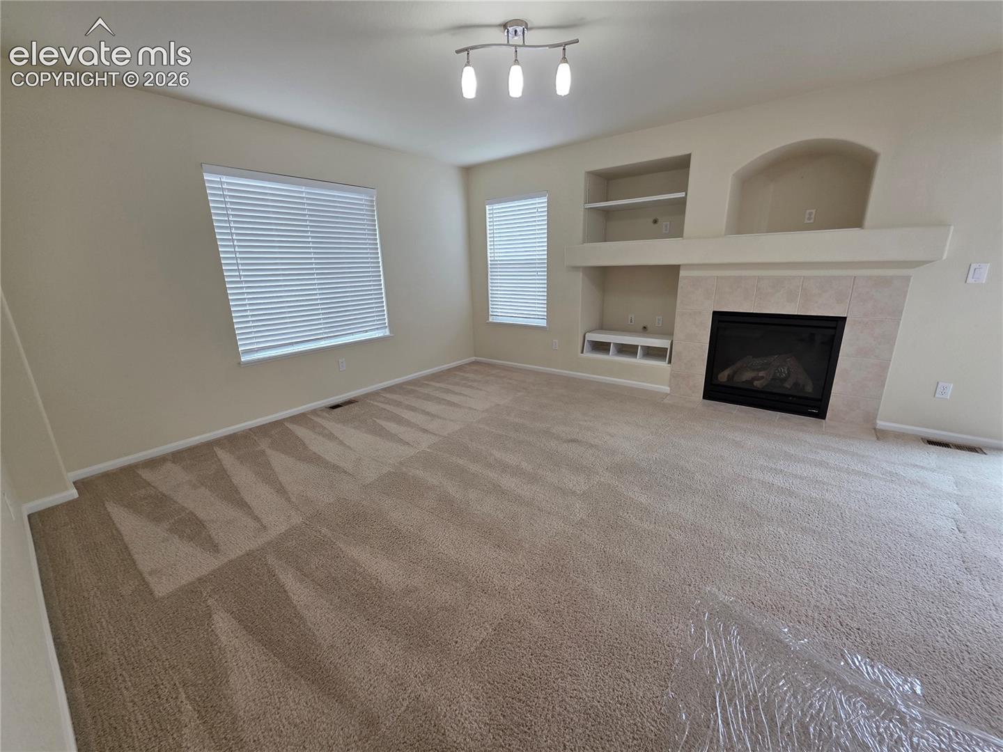 874 Diamond Rim Drive Colorado Springs, CO 80921 - Photo 5 of 28 Gas fireplace with tile surround, built-in shelving, track lighting, and window blinds