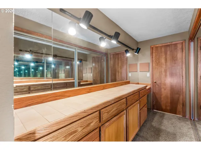 a bathroom with a sink and a large mirror
