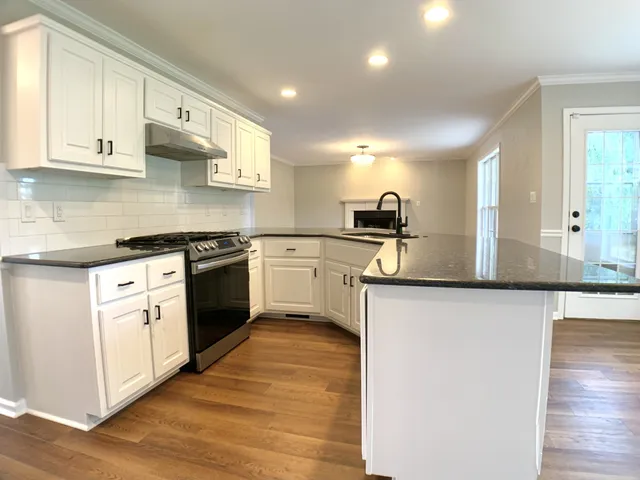 a room with table and mirror