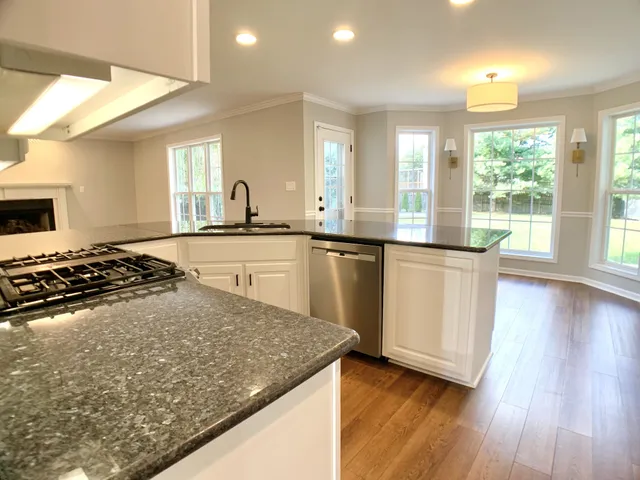 a view of cabinets and window