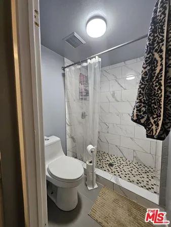 a bathroom with a toilet and a shower